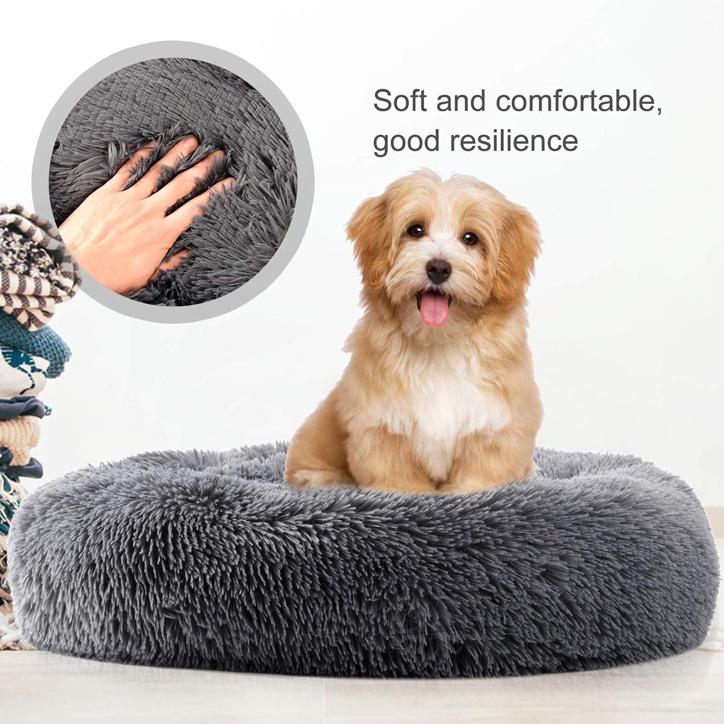 Super Soft Warm Pet Bed Cozy Fluffy Dog Bed Faux Fur Cat Bed Plush round Cuddler for Small Medium Puppy Memory Foam Comfy Fuzzy Furry for Kitten Machine Washable Donut Grey 31"X31"