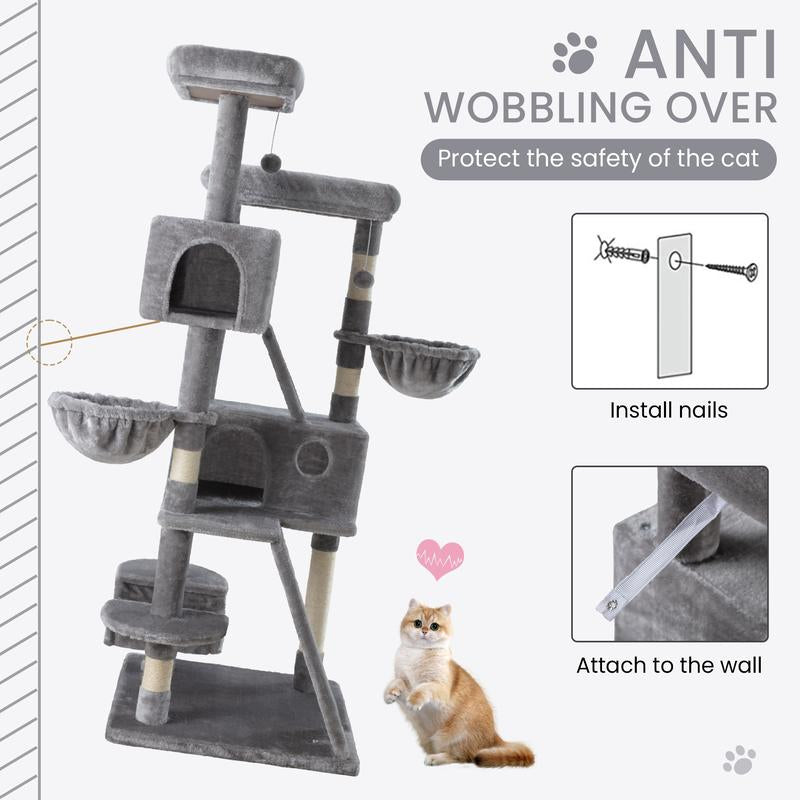 【Deals for You】Sha CERLIN 65In Larger Cat Tree Tower Condo for Indoor Cats, Multi-Level Furniture Activity Center with Wide Base/Cozy Plush Cat Perches/Baskets/Sisal Scratching Posts and Hammock#Fathersdaygift