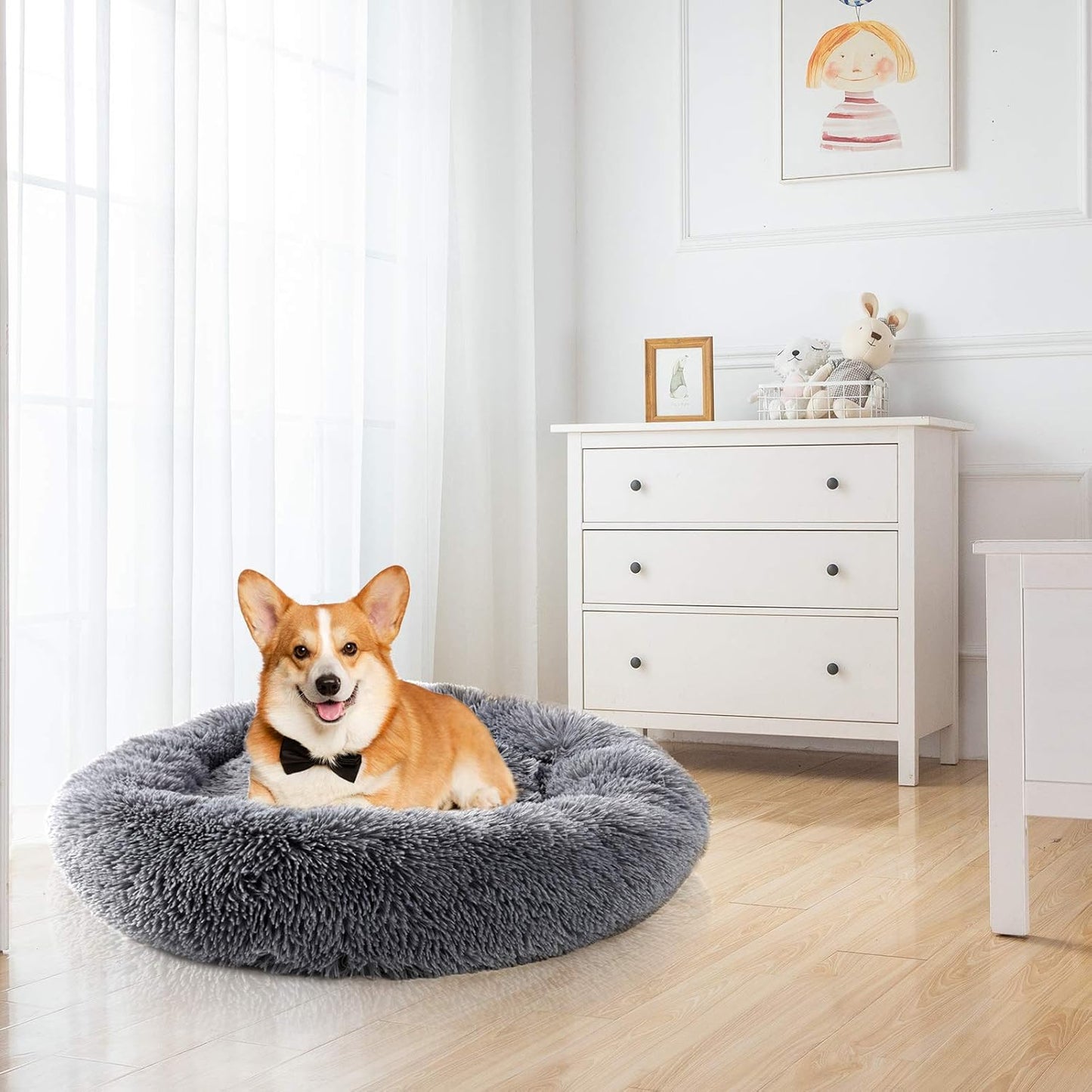 Super Soft Warm Pet Bed Cozy Fluffy Dog Bed Faux Fur Cat Bed Plush round Cuddler for Small Medium Puppy Memory Foam Comfy Fuzzy Furry for Kitten Machine Washable Donut Grey 31"X31"