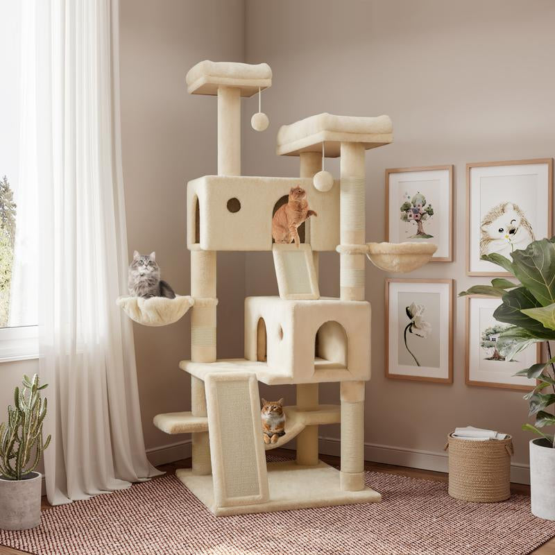 【Deals for You】Sha CERLIN 65In Larger Cat Tree Tower Condo for Indoor Cats, Multi-Level Furniture Activity Center with Wide Base/Cozy Plush Cat Perches/Baskets/Sisal Scratching Posts and Hammock#Fathersdaygift