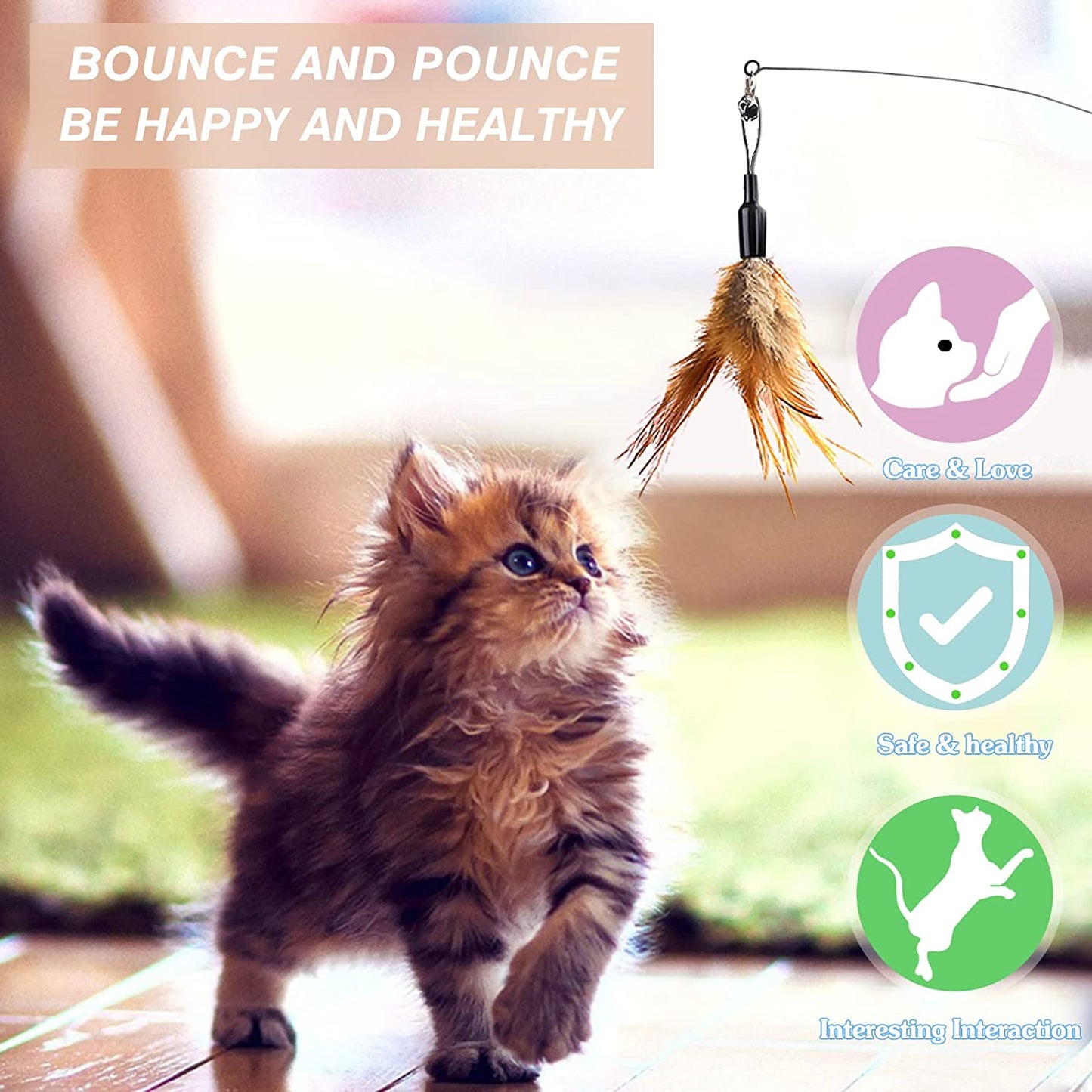 Feather Teaser Cat Toy - Interactive Wand with Extra Long 34.5" Wand and Small Bell, Fun Exerciser Playing Toy for Kittens or Cats, Brown Feather
