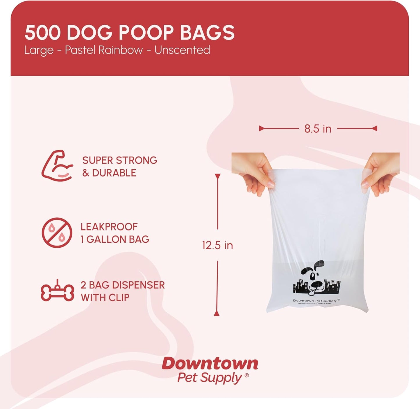 Unscented Poop Bags for Dogs with Dispenser, 500 Count - Leak-Proof Dog Waste Bags and Bone-Shaped Dog Poop Bags Holder for Leash - Pastel Rainbow, 12.5" X 8.5"