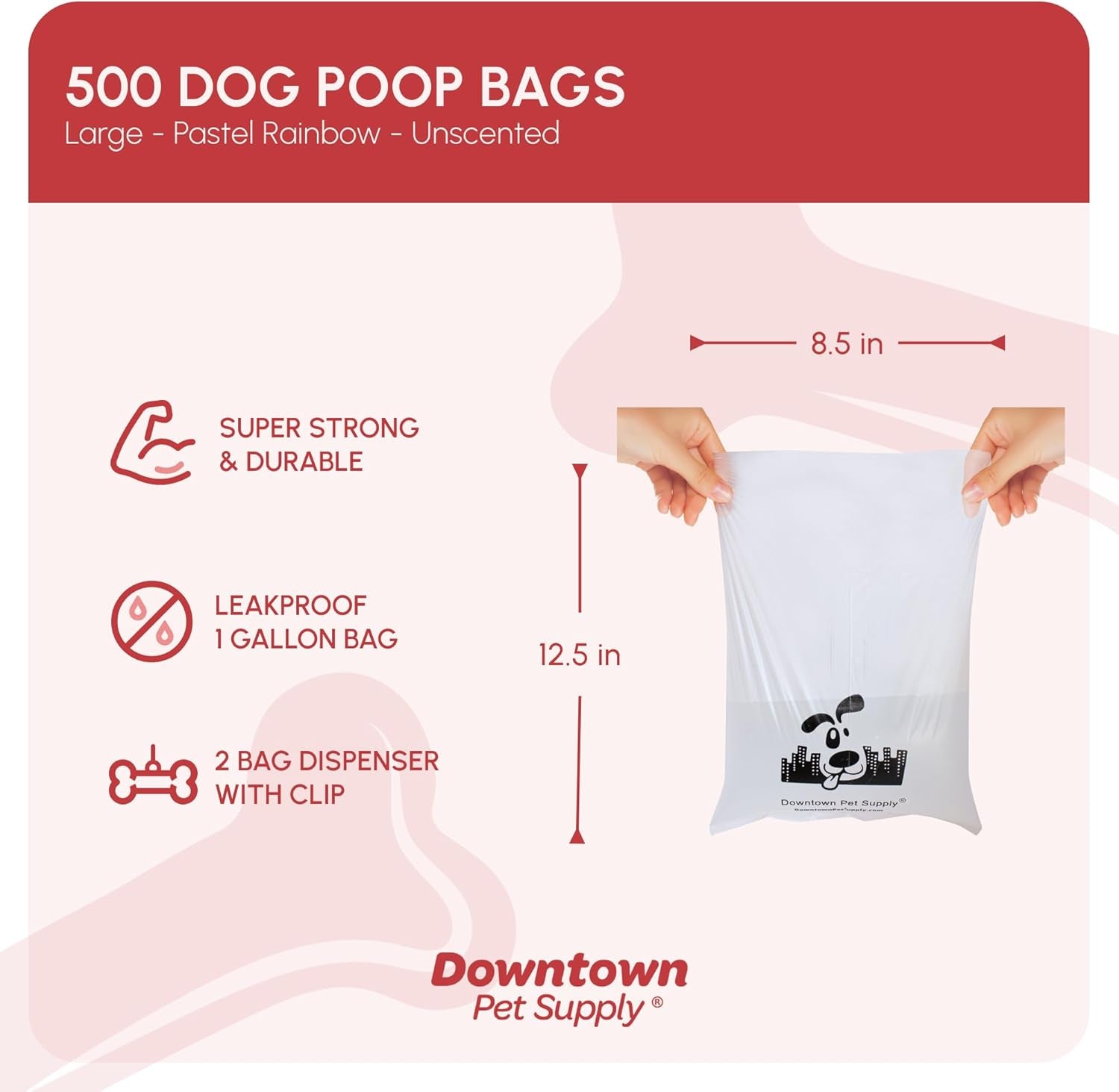 Unscented Poop Bags for Dogs with Dispenser, 500 Count - Leak-Proof Dog Waste Bags and Bone-Shaped Dog Poop Bags Holder for Leash - Pastel Rainbow, 12.5" X 8.5"